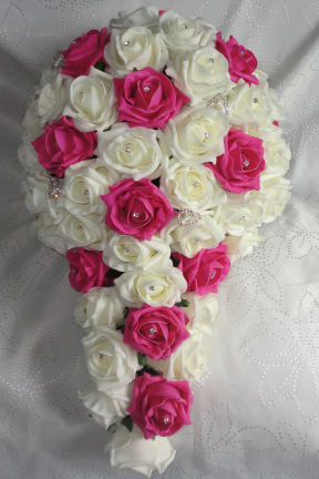 Fuchsia & Ivory Cascading Bridal Bouquet With Diamante Hearts